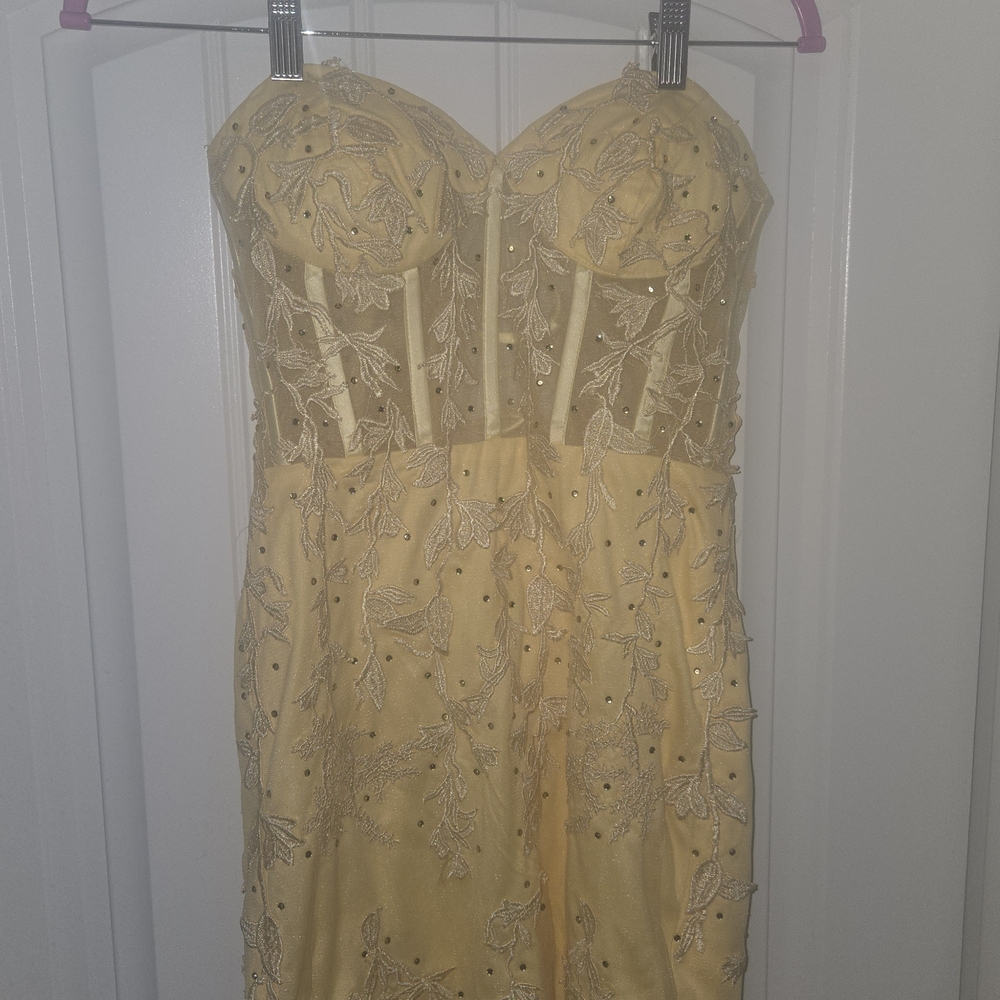 Strapless Yellow Beaded Evening Gown